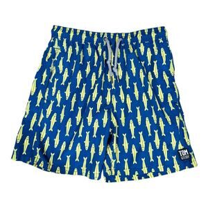 Tom & Teddy Boys Classic Swim Shorts Trunks 9-10 Sardines Print Navy Yellow Fish